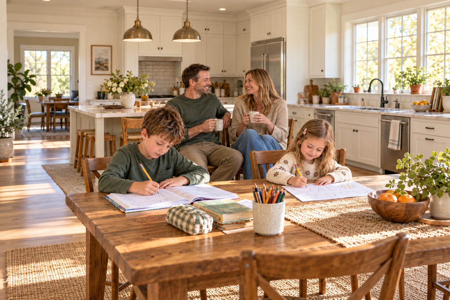 Illustration of an older brother doing homework and a younger sister tracing shapes while their parents relax with coffee.